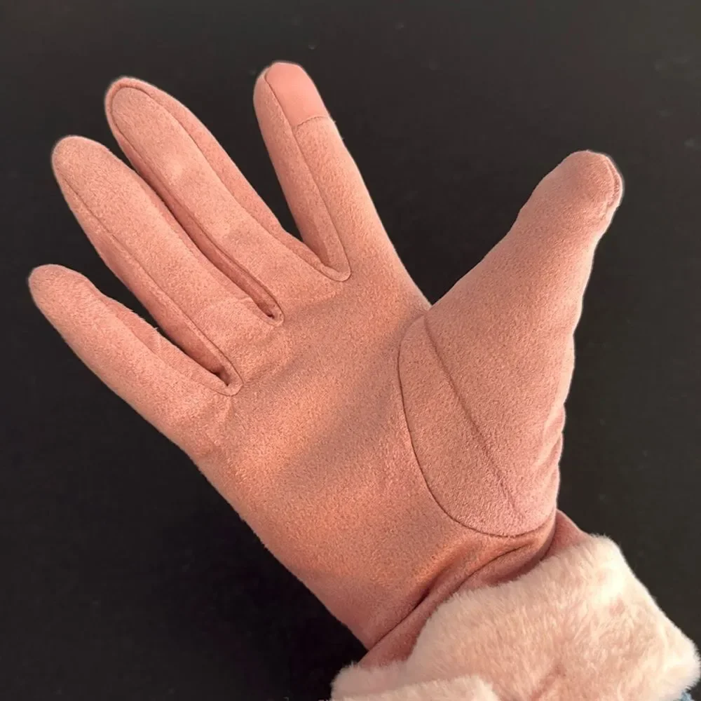 Pink Warm Winter Touchscreen Gloves - Faux Suede & Faux Fur